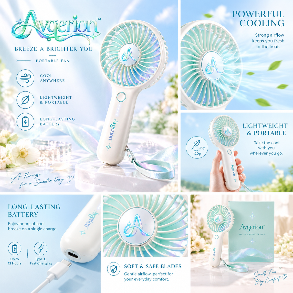 Avqerion™ Iridescent Mint Portable Handheld Fan — features