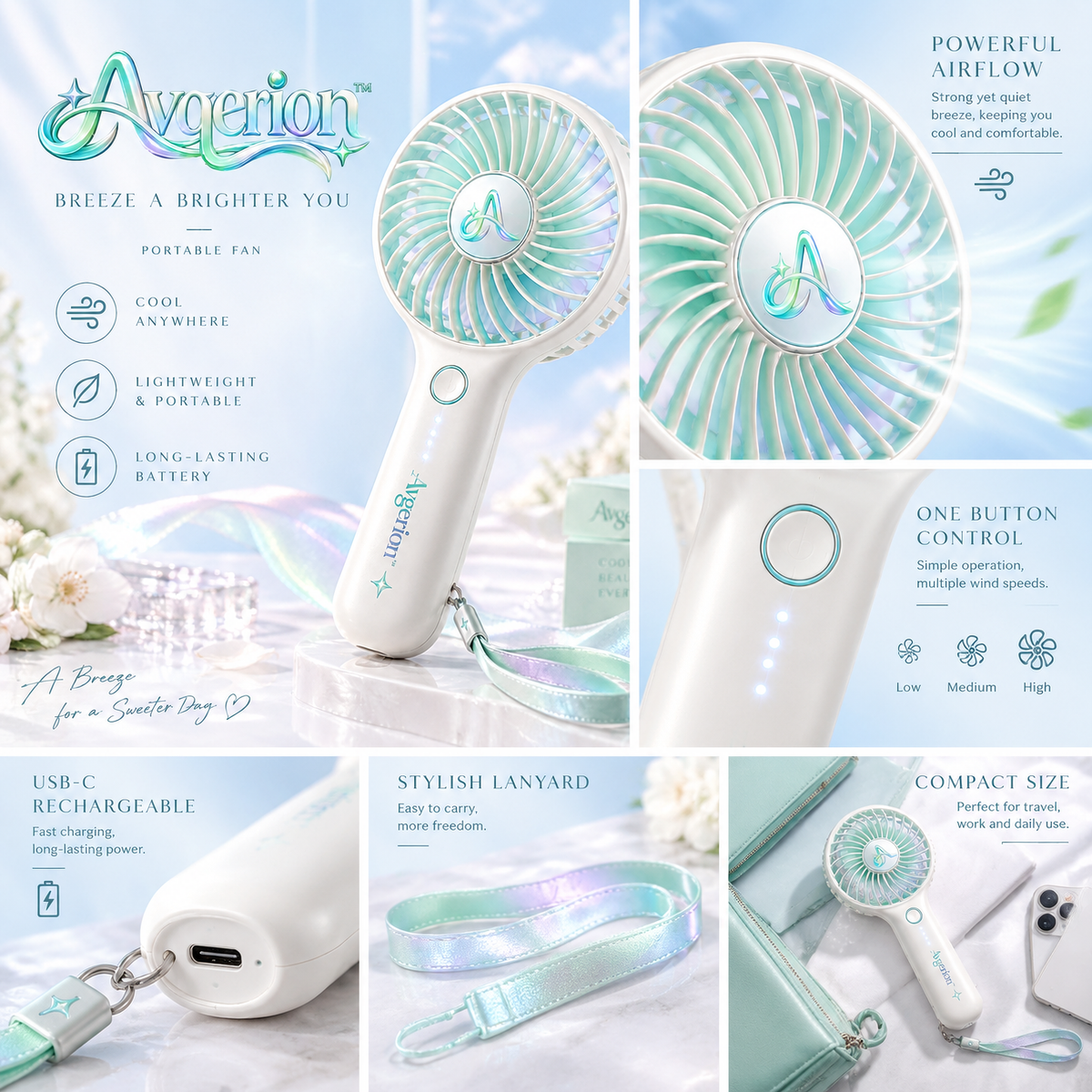 Avqerion™ Iridescent Mint Portable Handheld Fan — product details