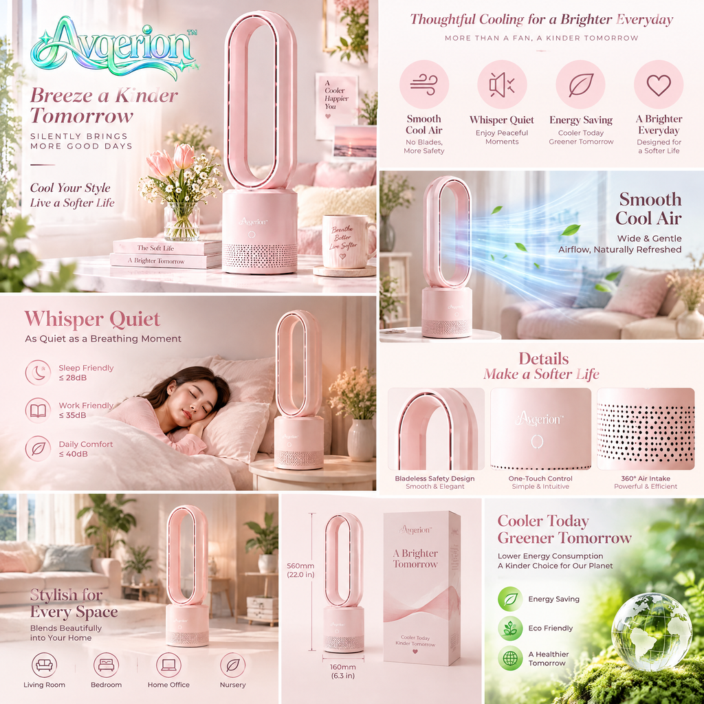 Avqerion™ Blush Pink Bladeless Tower Fan — features