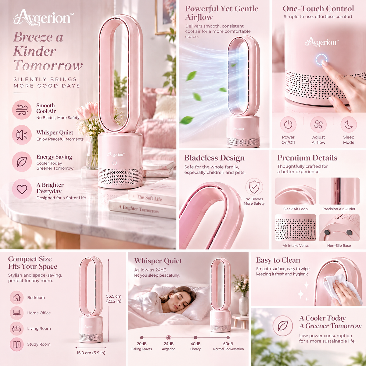 Avqerion™ Blush Pink Bladeless Tower Fan — product details