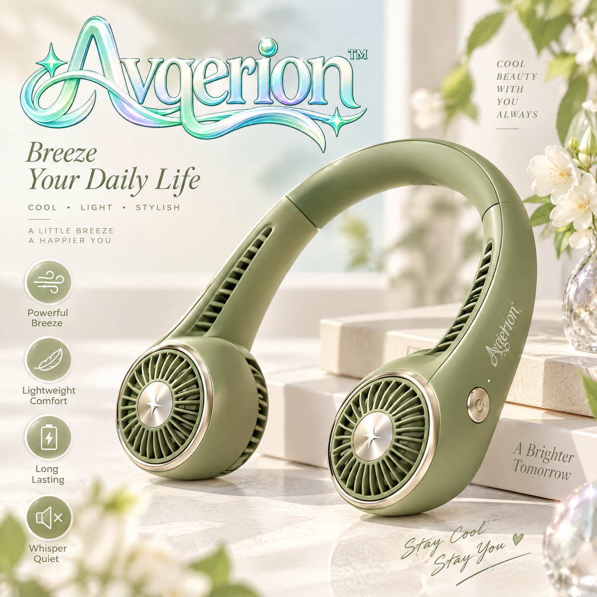 Avqerion™ Olive Green Hands-Free Neck Fan — main design