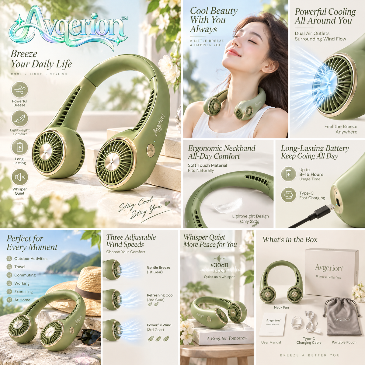 Avqerion™ Olive Green Hands-Free Neck Fan — features