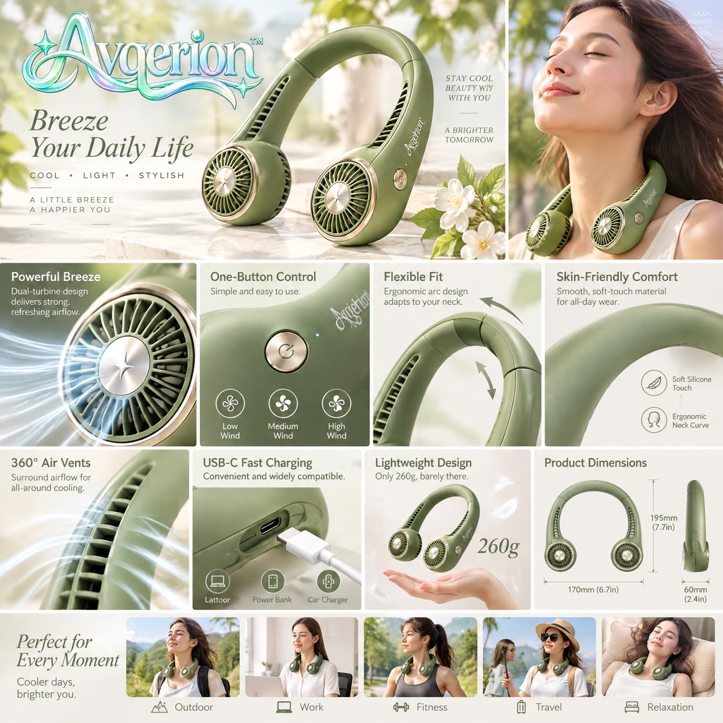 Avqerion™ Olive Green Hands-Free Neck Fan — product details