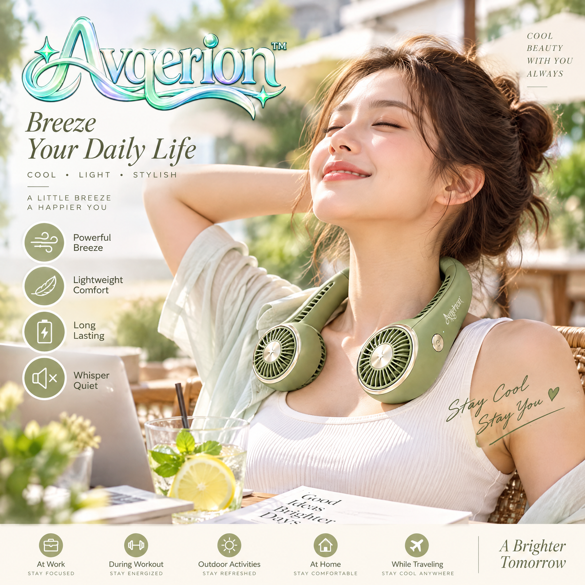 Avqerion™ Olive Green Hands-Free Neck Fan — everyday use