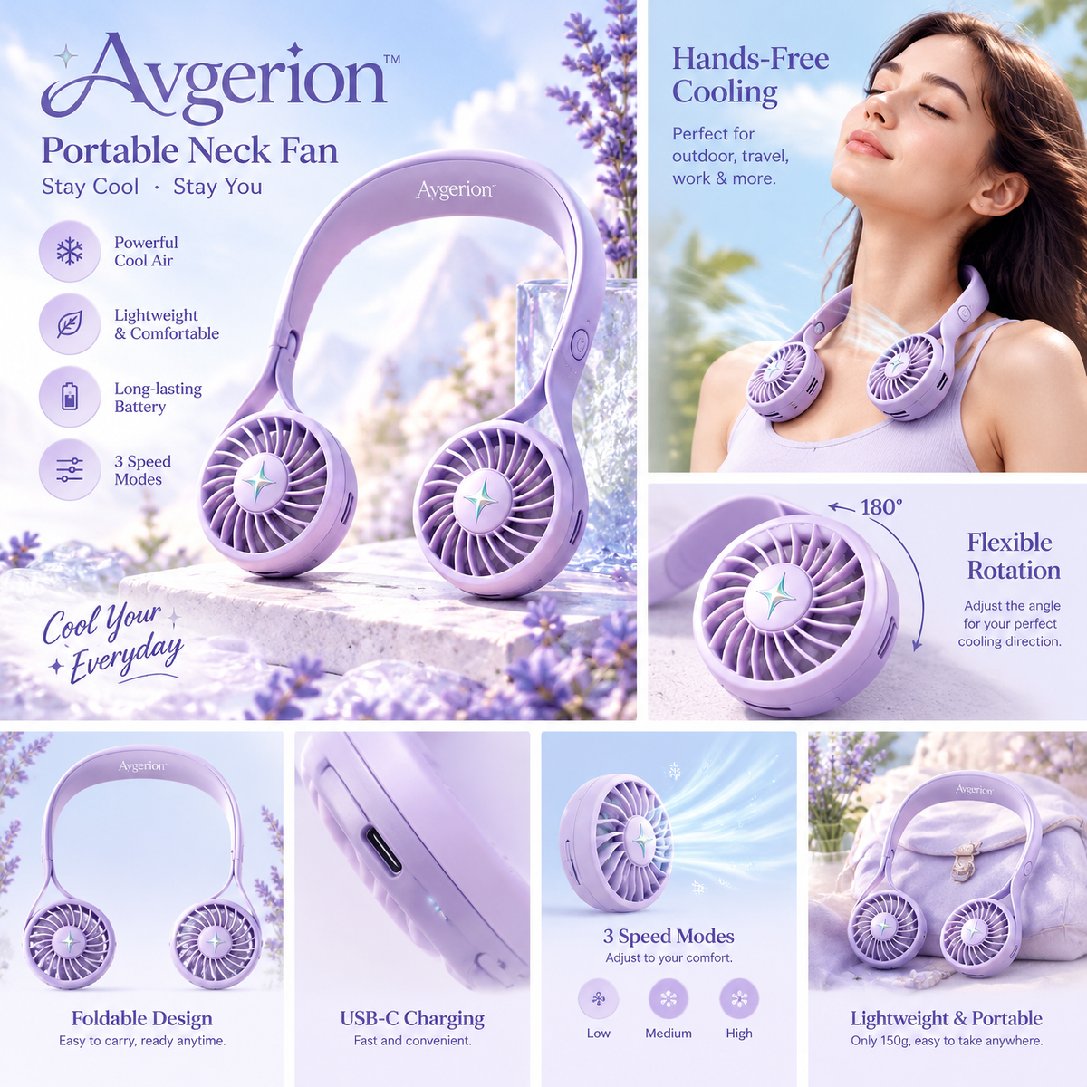 Avqerion™ Lavender Purple Hands-Free Neck Fan — features