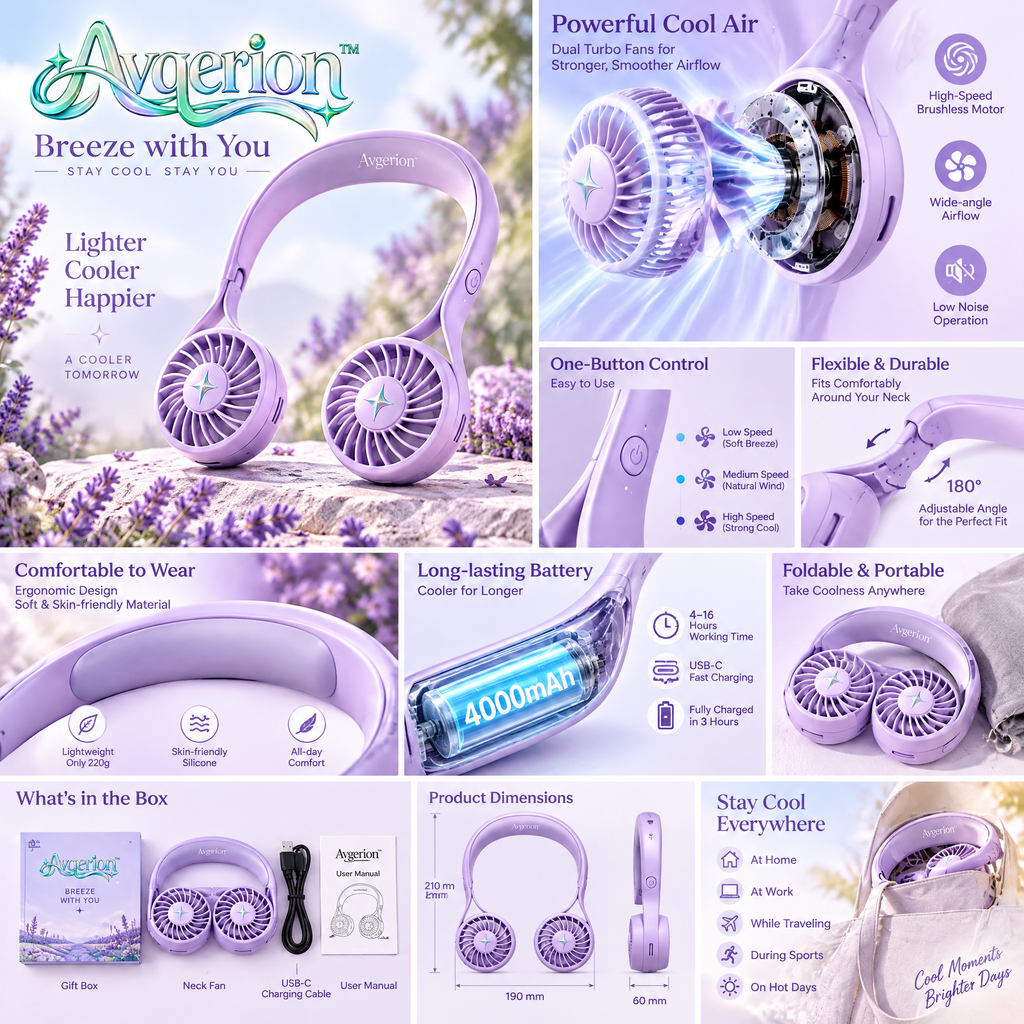 Avqerion™ Lavender Purple Hands-Free Neck Fan — product details