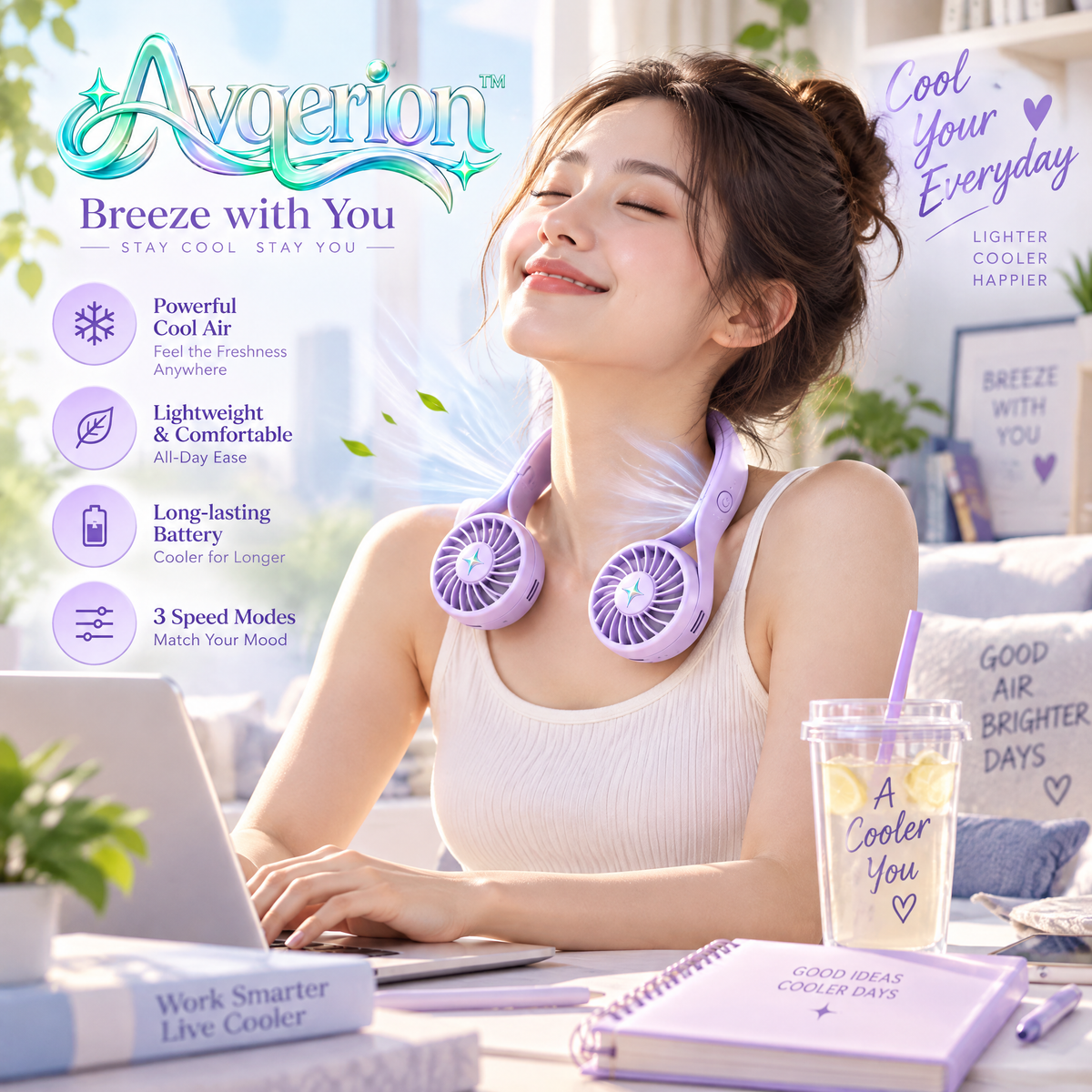 Avqerion™ Lavender Purple Hands-Free Neck Fan — everyday use
