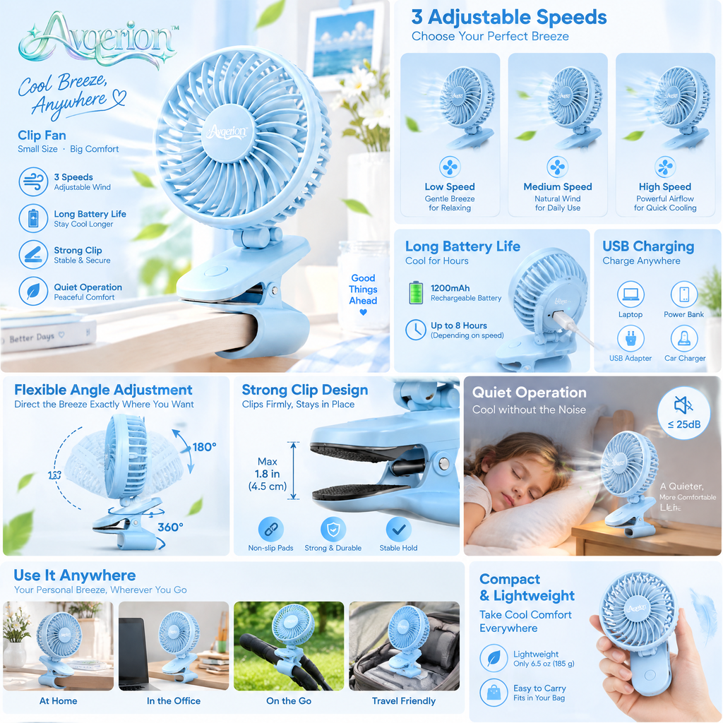 Avqerion™ Sky Blue Clip-On Personal Fan — features