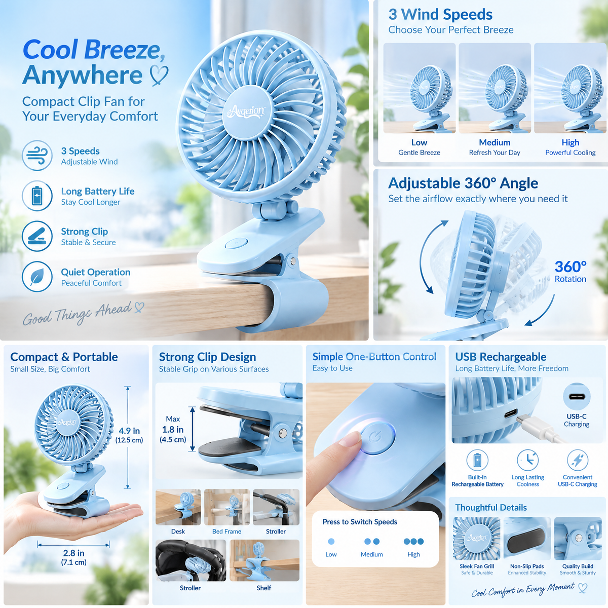 Avqerion™ Sky Blue Clip-On Personal Fan — product details