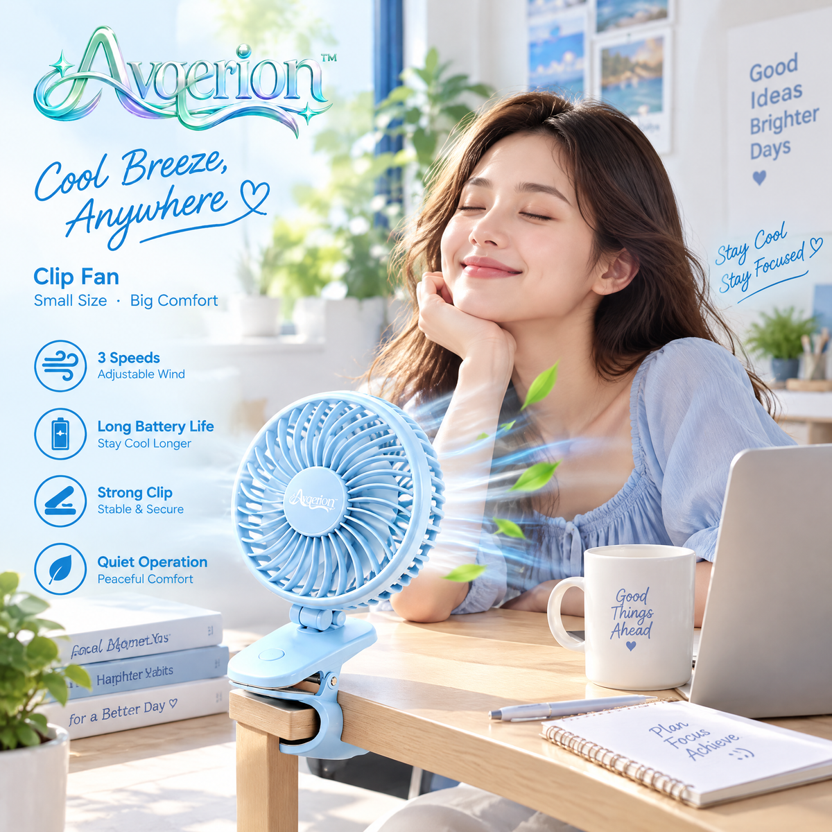 Avqerion™ Sky Blue Clip-On Personal Fan — everyday use