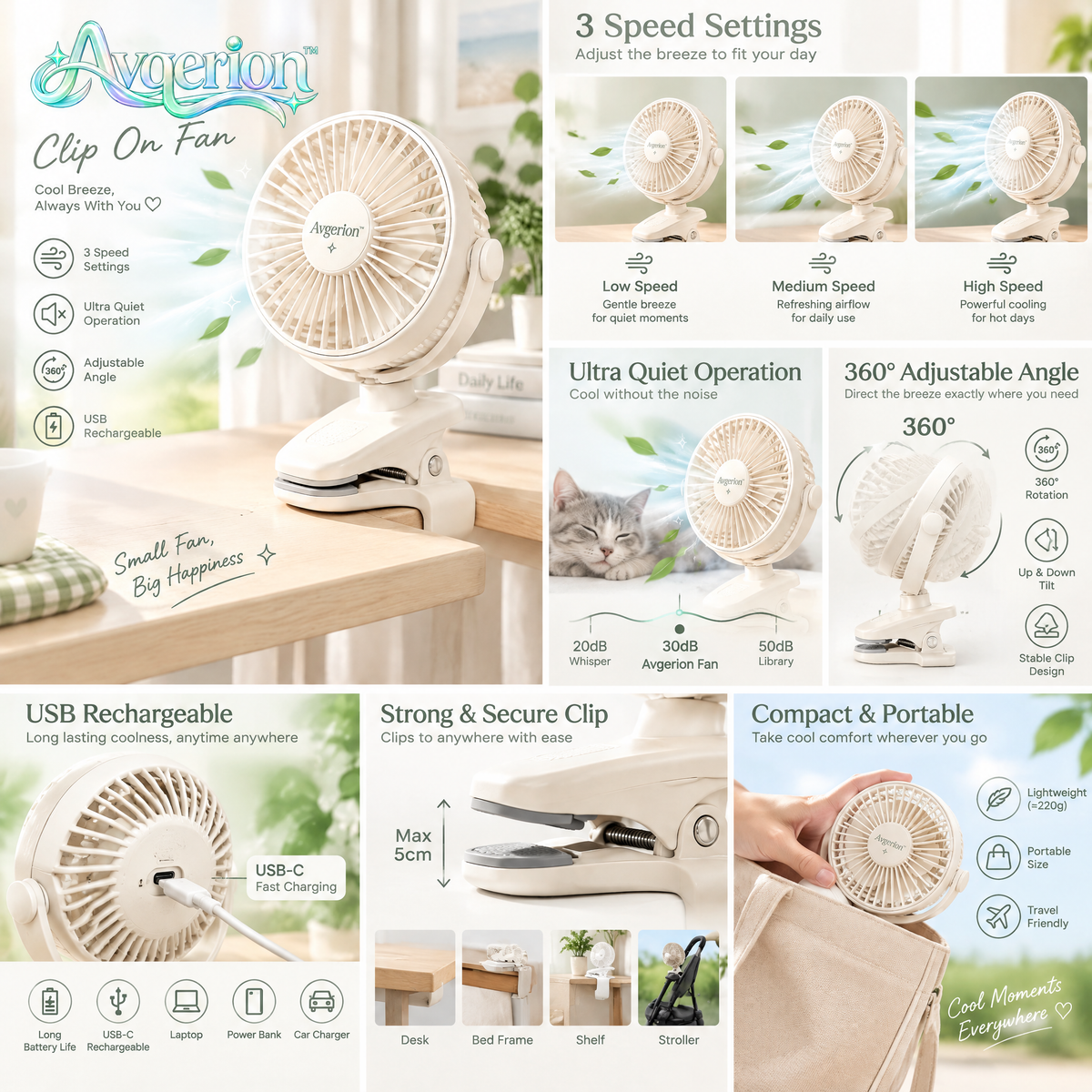 Avqerion™ Cream Clip-On Personal Fan — features