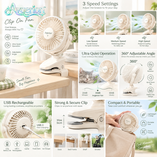 Avqerion™ Cream Clip-On Personal Fan — features