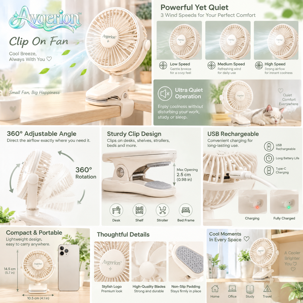 Avqerion™ Cream Clip-On Personal Fan — product details