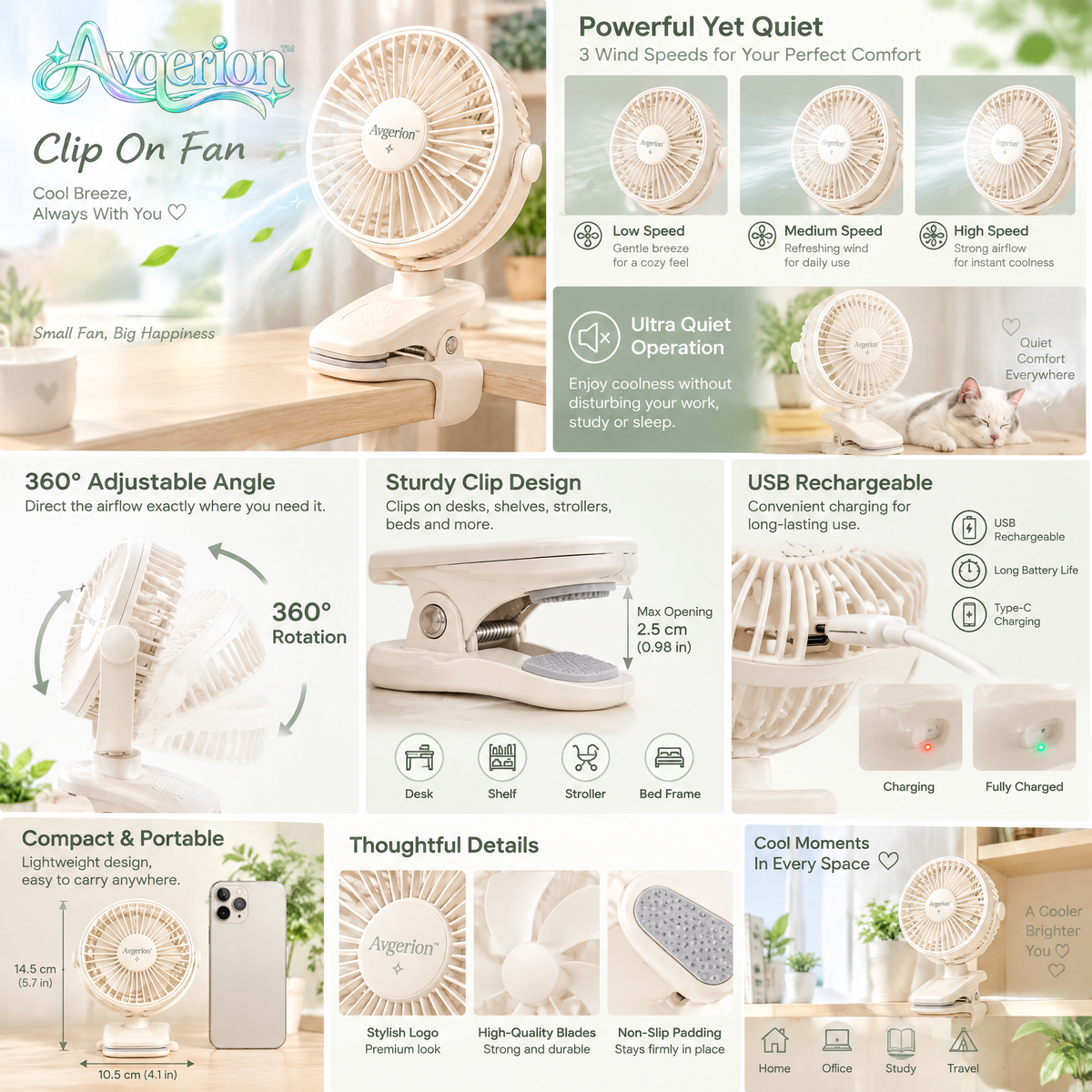 Avqerion™ Cream Clip-On Personal Fan — product details