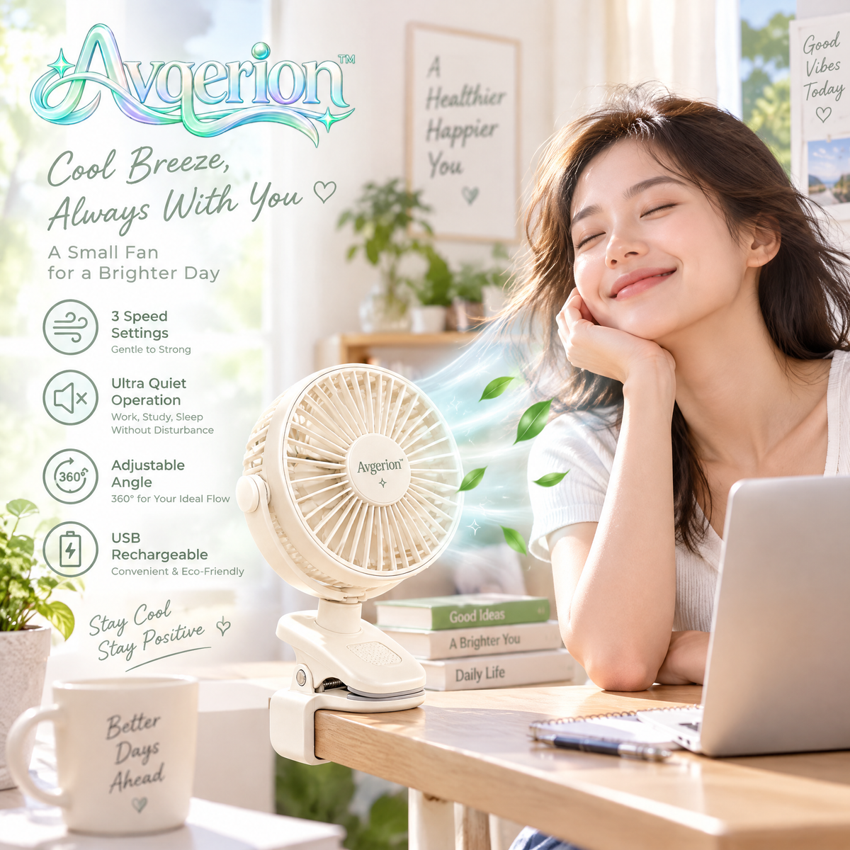 Avqerion™ Cream Clip-On Personal Fan — everyday use