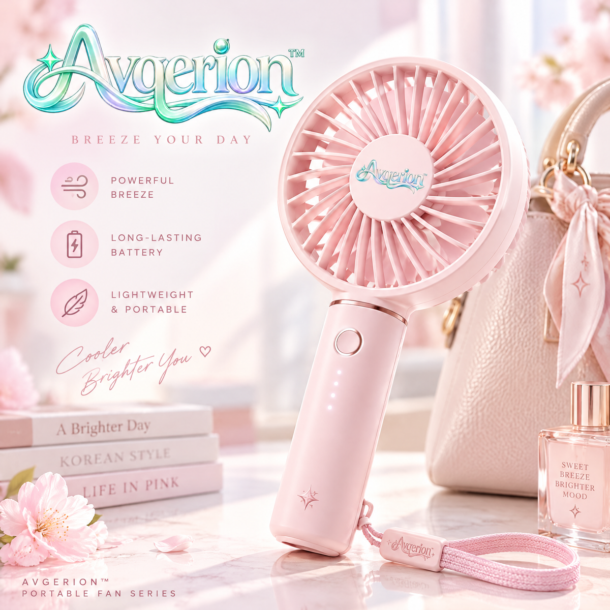 Avqerion™ Blush Pink Portable Handheld Fan — main design
