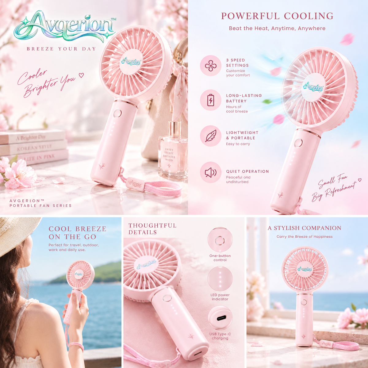 Avqerion™ Blush Pink Portable Handheld Fan — features