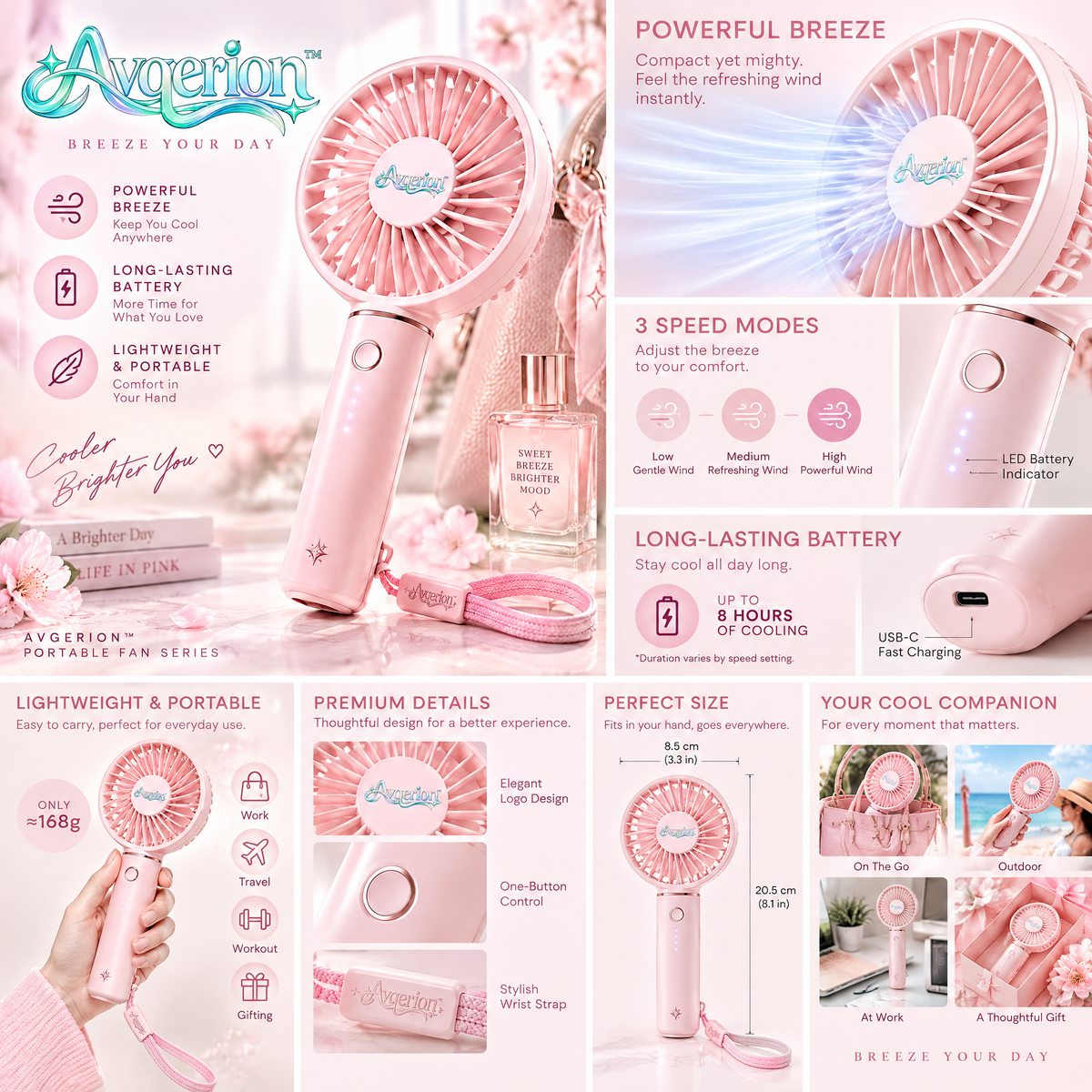 Avqerion™ Blush Pink Portable Handheld Fan — product details