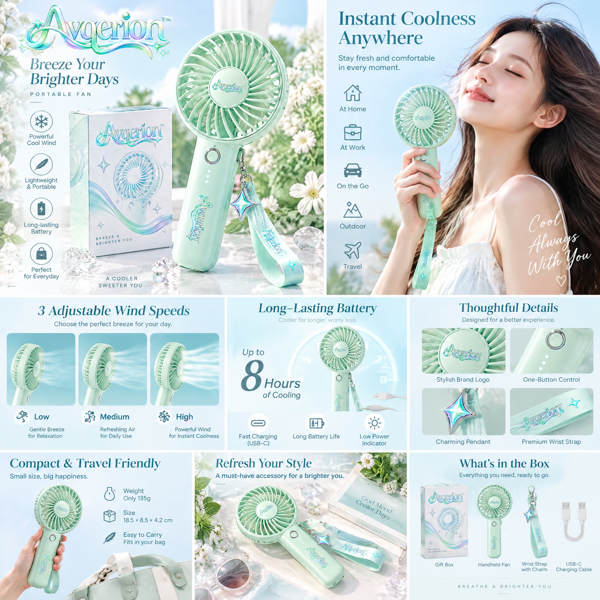 Avqerion™ Mint Green Portable Handheld Fan — features