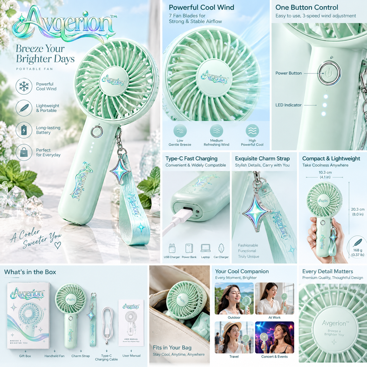 Avqerion™ Mint Green Portable Handheld Fan — product details