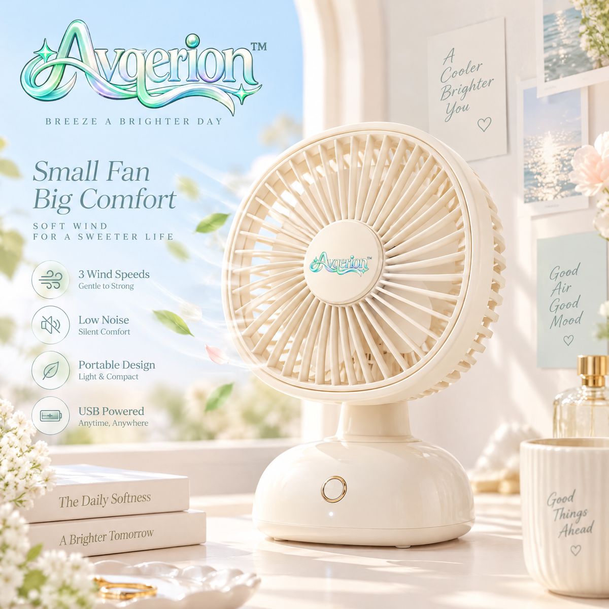 Avqerion™ Cream Compact Table Fan — main design