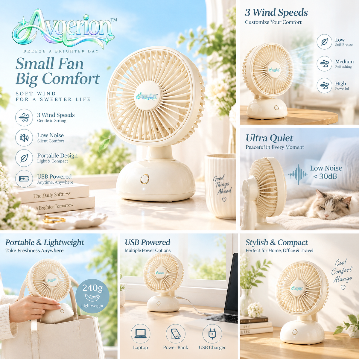 Avqerion™ Cream Compact Table Fan — features