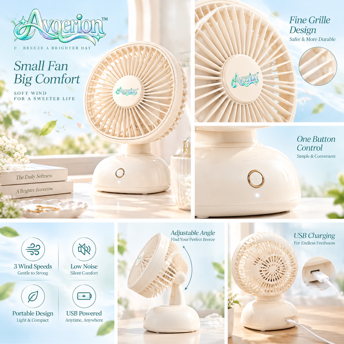 Avqerion™ Cream Compact Table Fan — product details