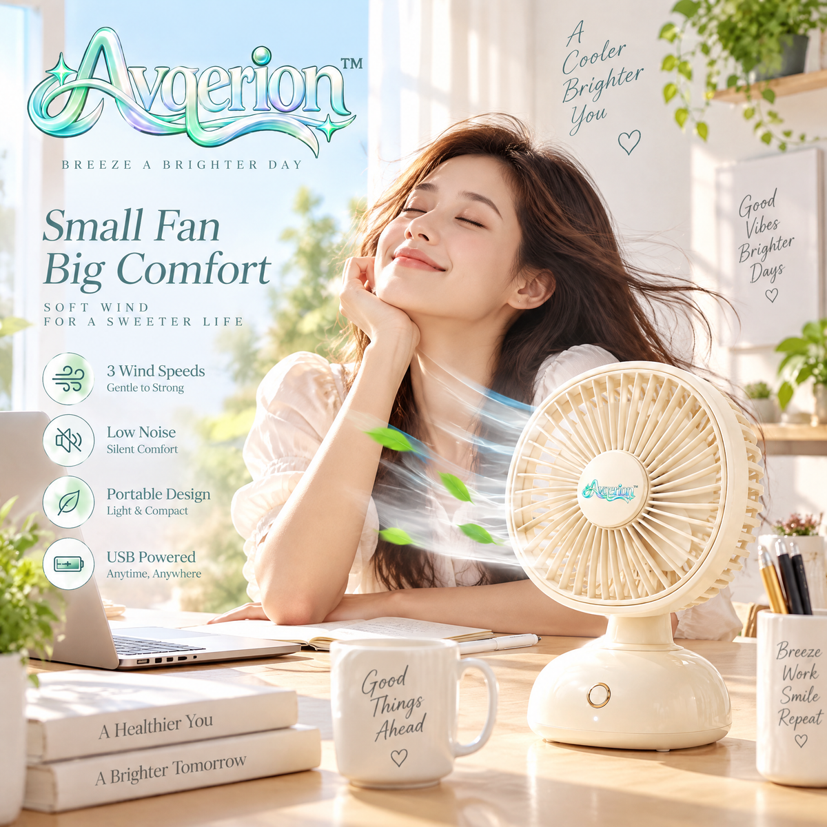 Avqerion™ Cream Compact Table Fan — everyday use
