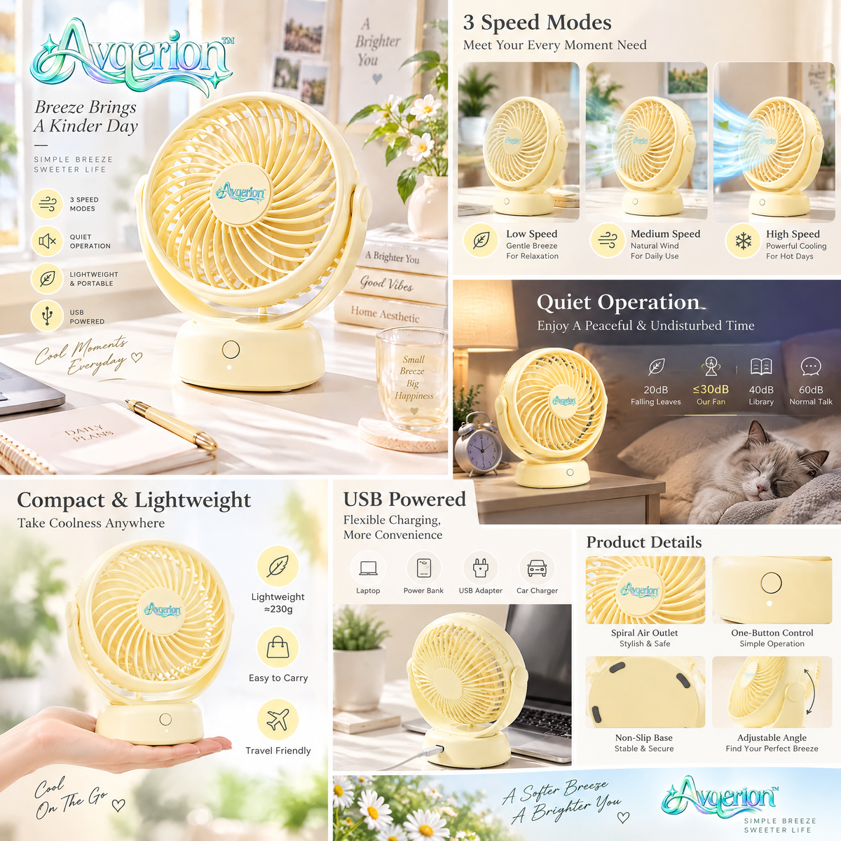 Avqerion™ Butter Yellow Table Fan — features