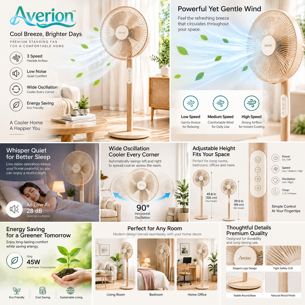 Avqerion™ Natural Wood-Accent Pedestal Fan — features
