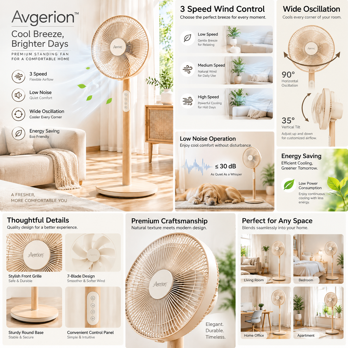 Avqerion™ Natural Wood-Accent Pedestal Fan — product details