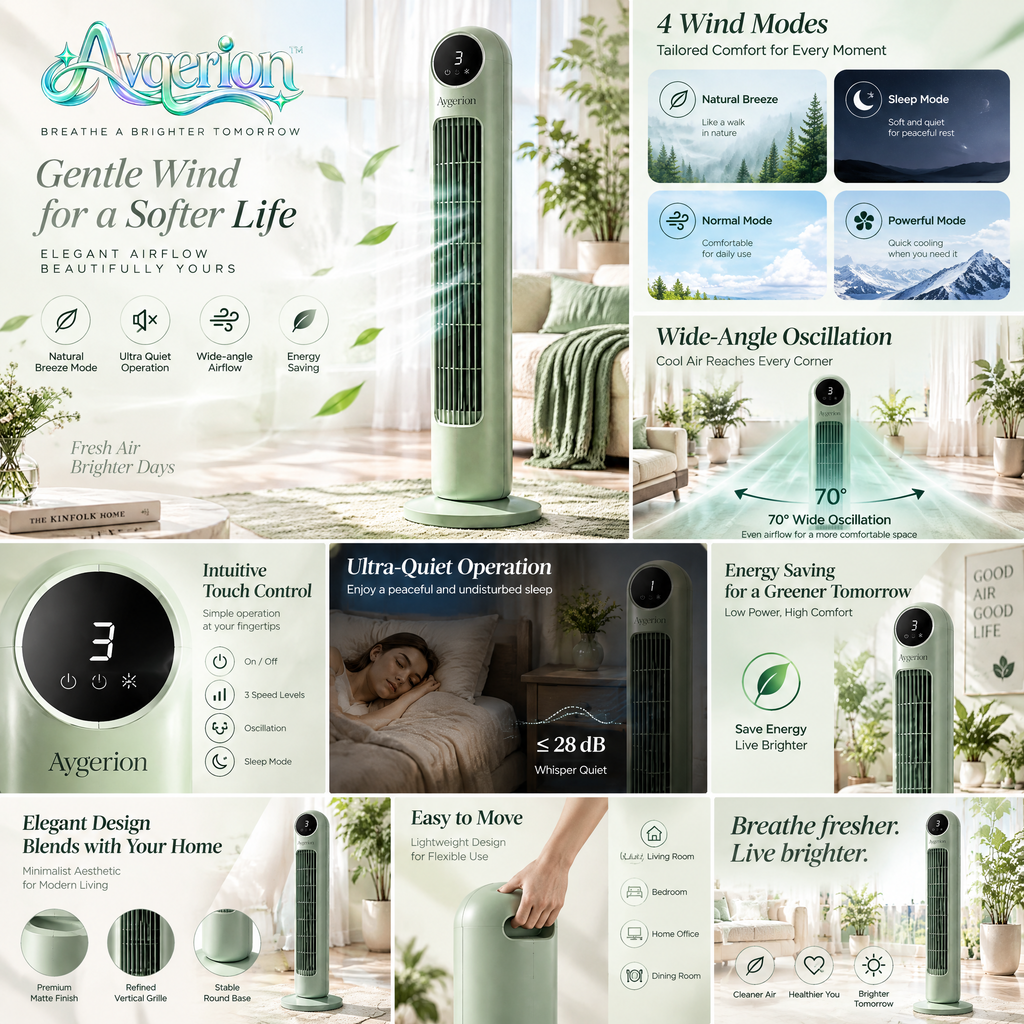 Avqerion™ Sage Green Tower Fan — features