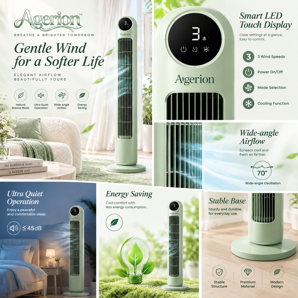 Avqerion™ Sage Green Tower Fan — product details