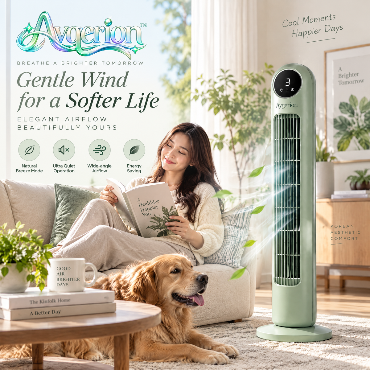 Avqerion™ Sage Green Tower Fan — everyday use