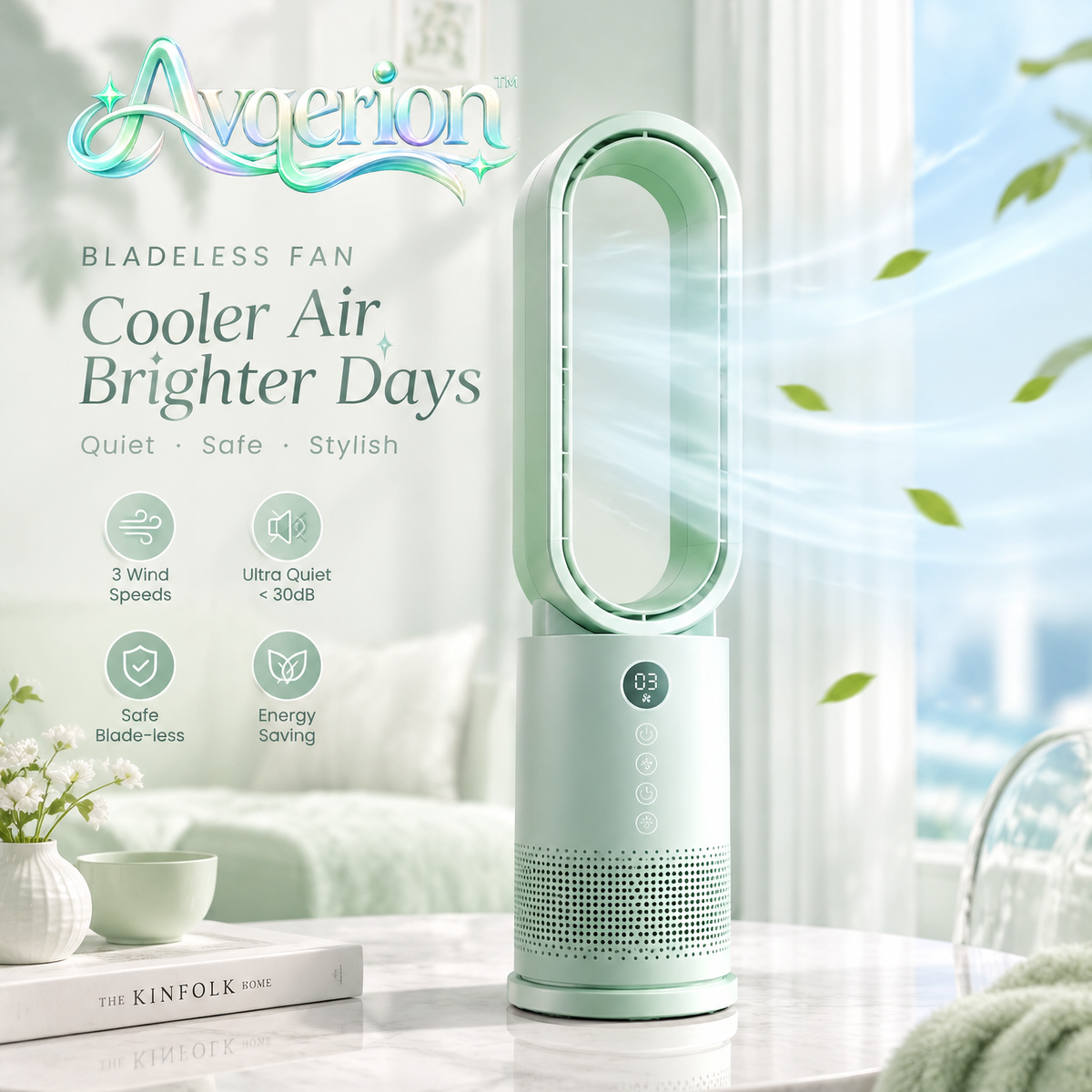 Avqerion™ Sage Green Bladeless Tower Fan — main design