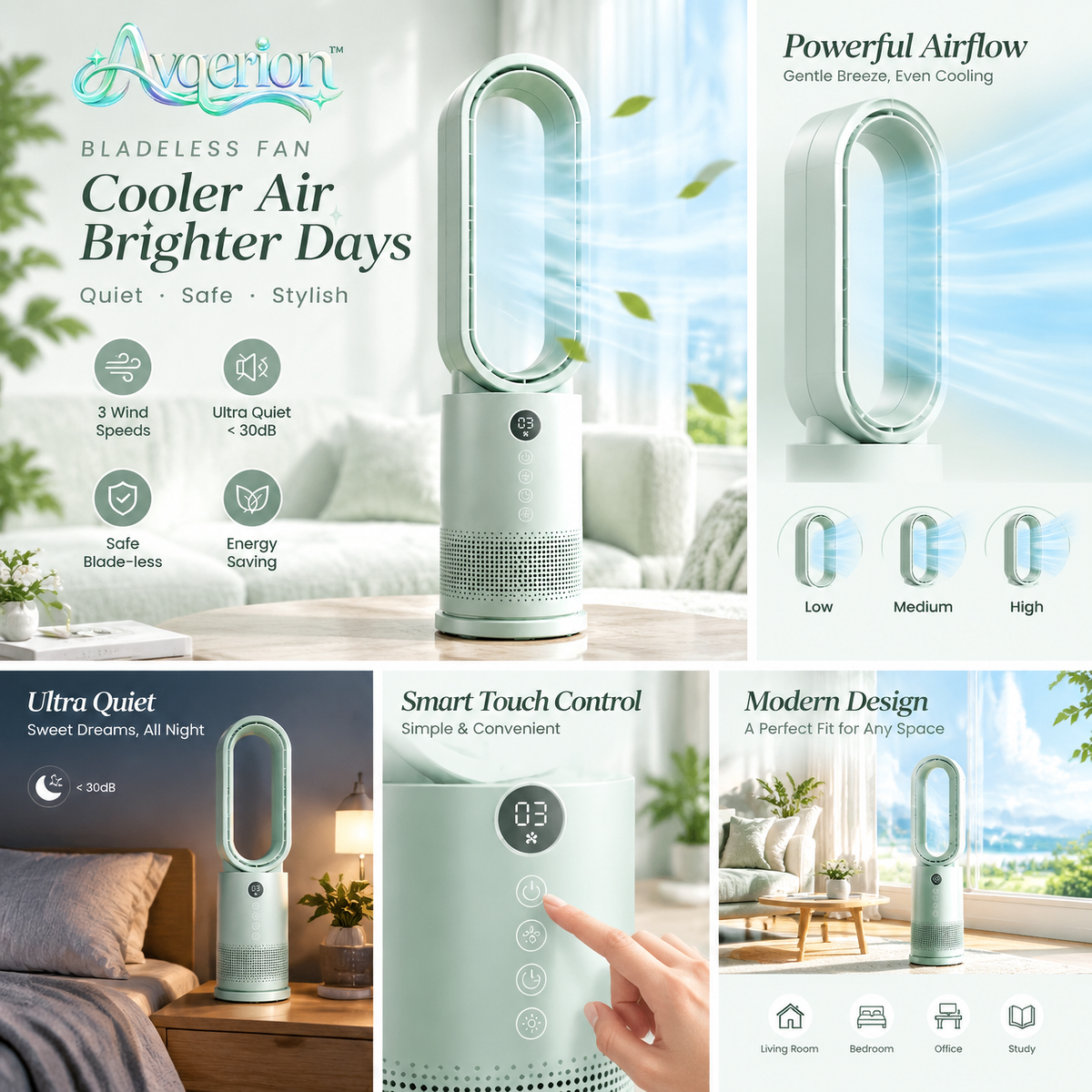 Avqerion™ Sage Green Bladeless Tower Fan — features