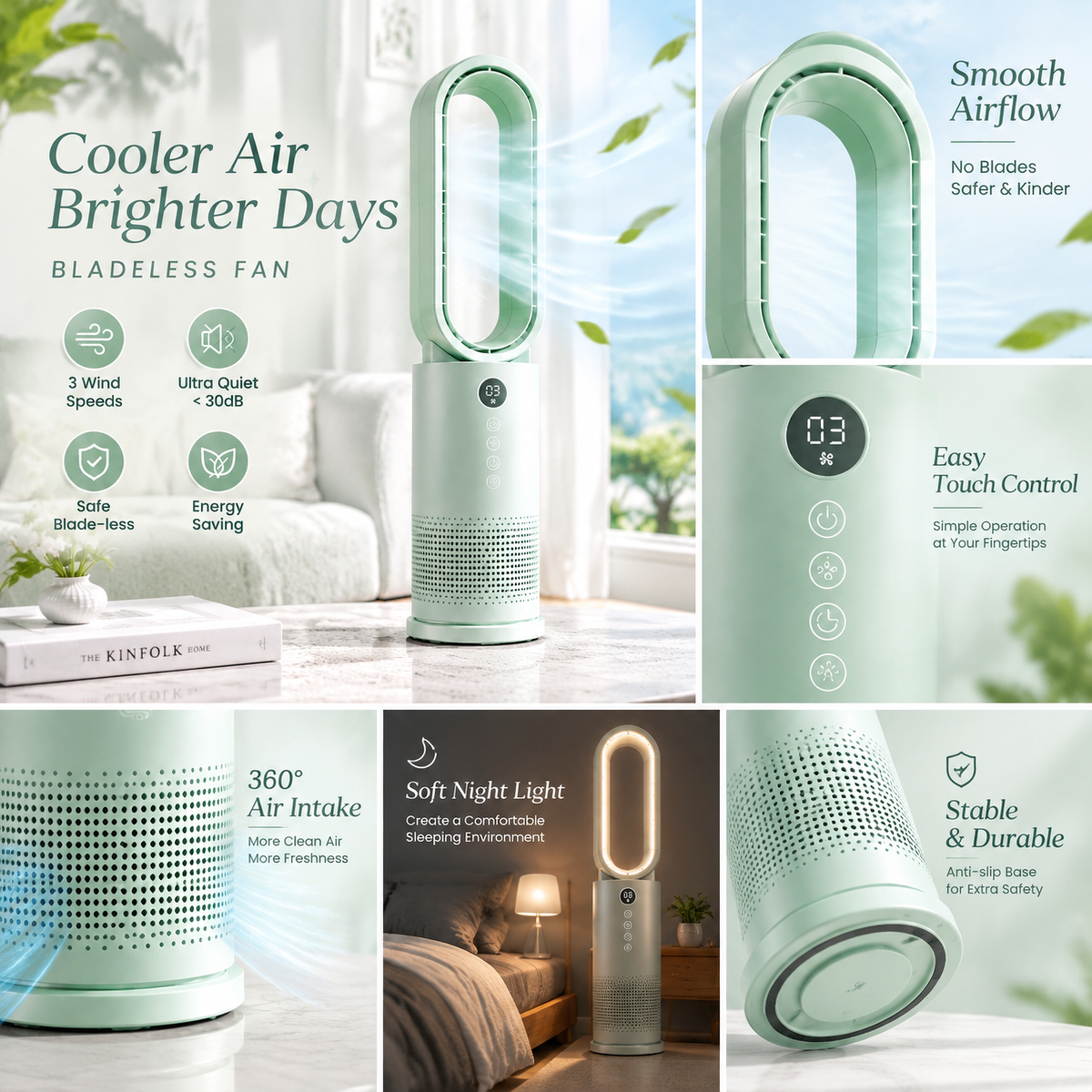 Avqerion™ Sage Green Bladeless Tower Fan — product details