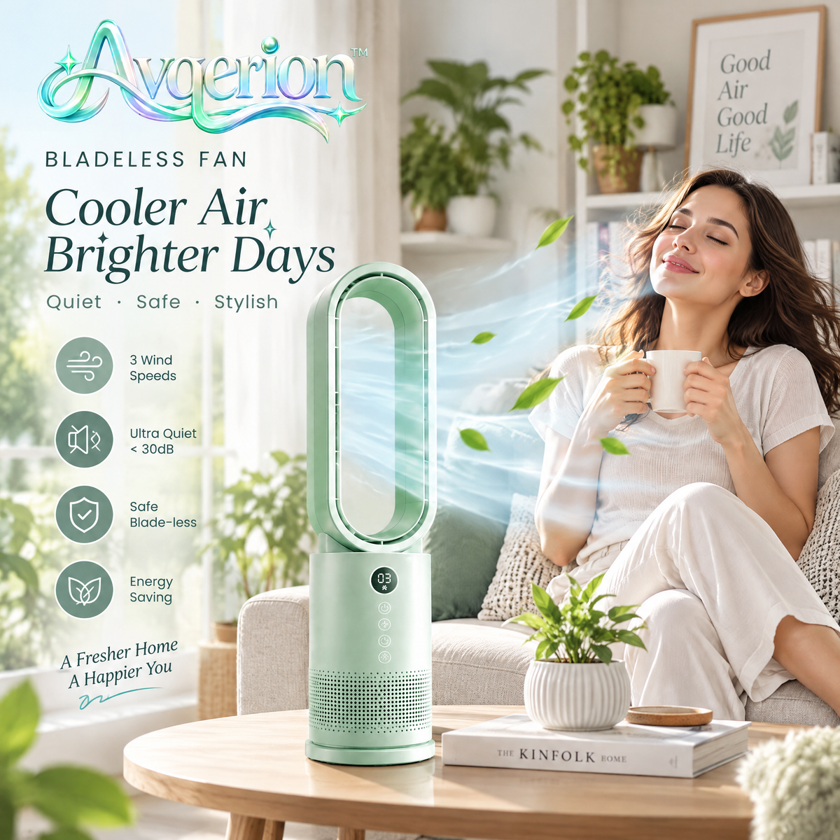 Avqerion™ Sage Green Bladeless Tower Fan — everyday use